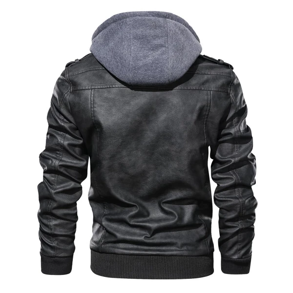 Hood Crew Men's Pu Faux Leather Jacket with Removable Hood Black L - 11