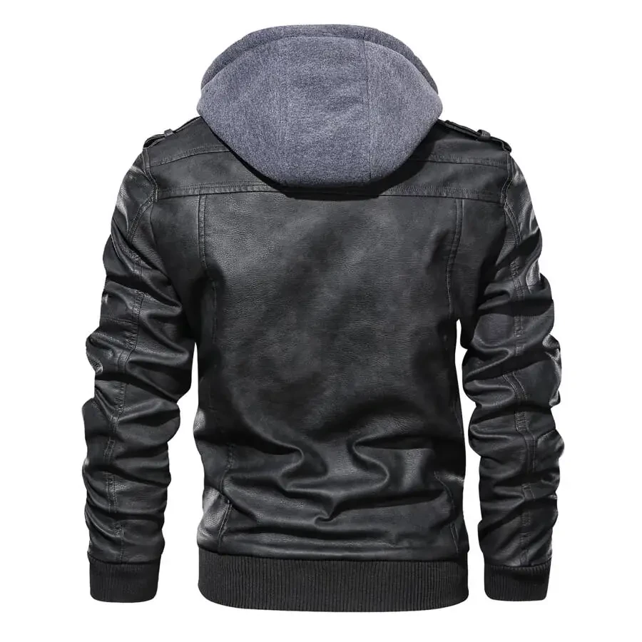 Hood Crew Men's Pu Faux Leather Jacket with Removable Hood Black L - 11