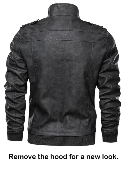 Hood Crew Men's Pu Faux Leather Jacket with Removable Hood Black L - 13