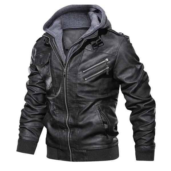 Hood Crew Men's Pu Faux Leather Jacket with Removable Hood Black L - HOOD CREW (1)