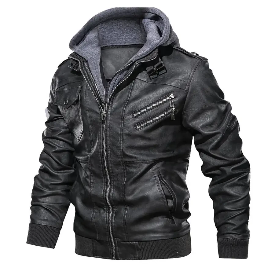 Hood Crew Men's Pu Faux Leather Jacket with Removable Hood Black L - 2