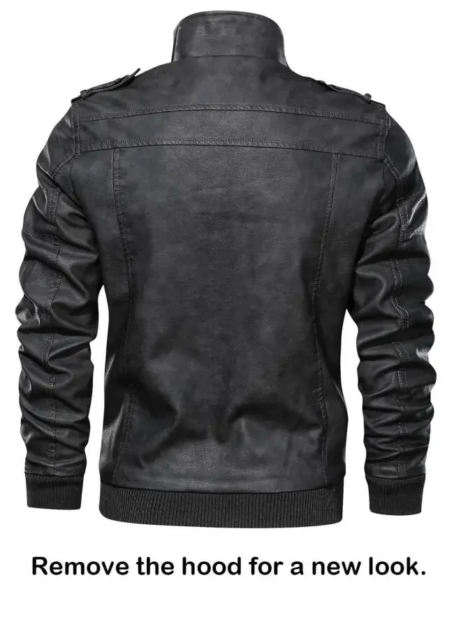 Hood Crew Men's Pu Faux Leather Jacket with Removable Hood Black L - 6