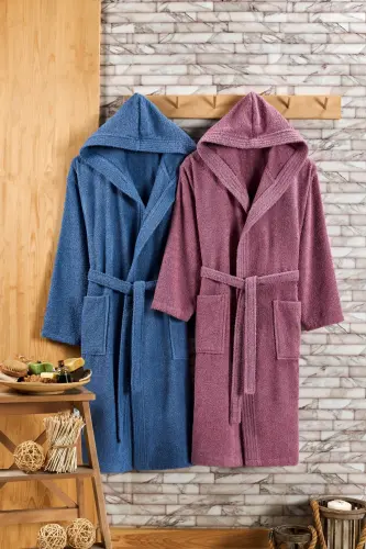 Hooded 2-Piece Bathrobe Set-Indigo - 2