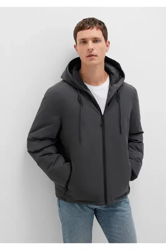 Hooded Anthracite Puffer Jacket - MAVI