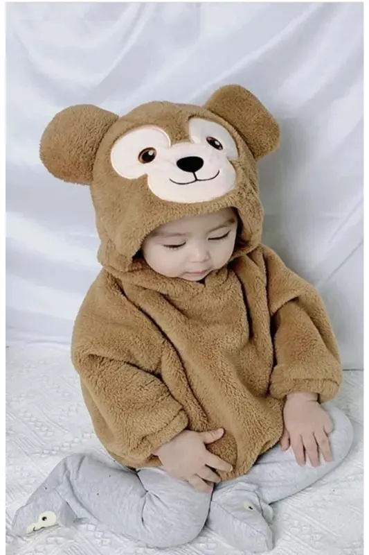 Hooded Baby Plush Snap Bodysuit-coffee color - ADEN KIDS