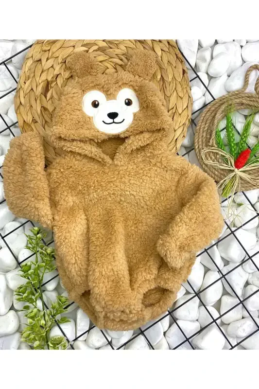 Hooded Baby Plush Snap Bodysuit-coffee color - 3