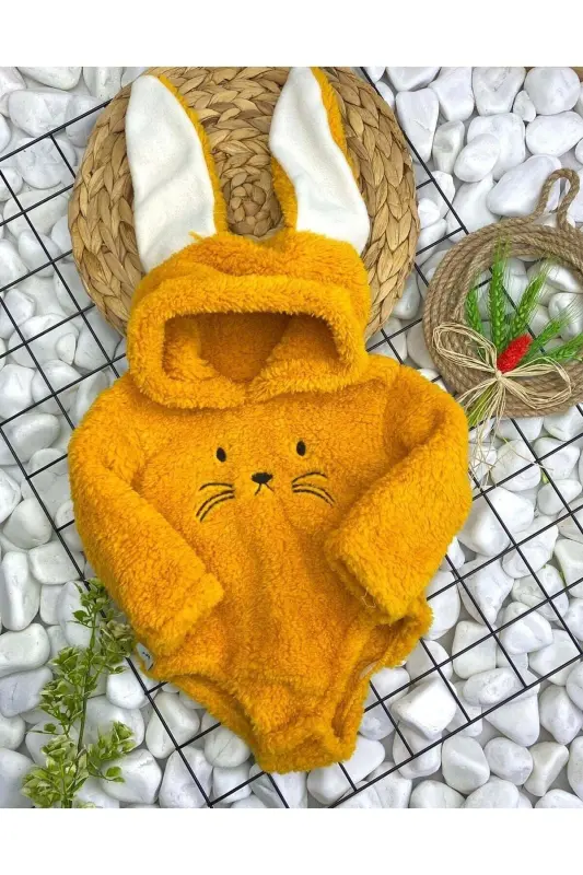 Hooded Baby Plush Snap Bodysuit-mustard yellow - 2