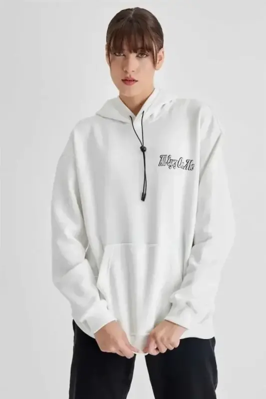 Hooded Back Printed Three-Thread Oversize Sweatshirt - White - 1
