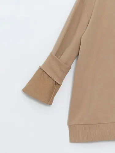 Hooded Basic Long Sleeve Girl's Zippered Sweatshirt-Beige - 2