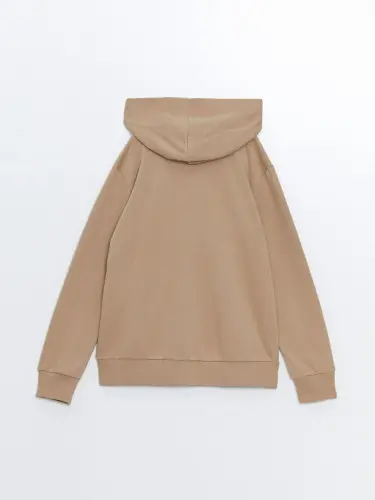 Hooded Basic Long Sleeve Girl's Zippered Sweatshirt-Beige - 3