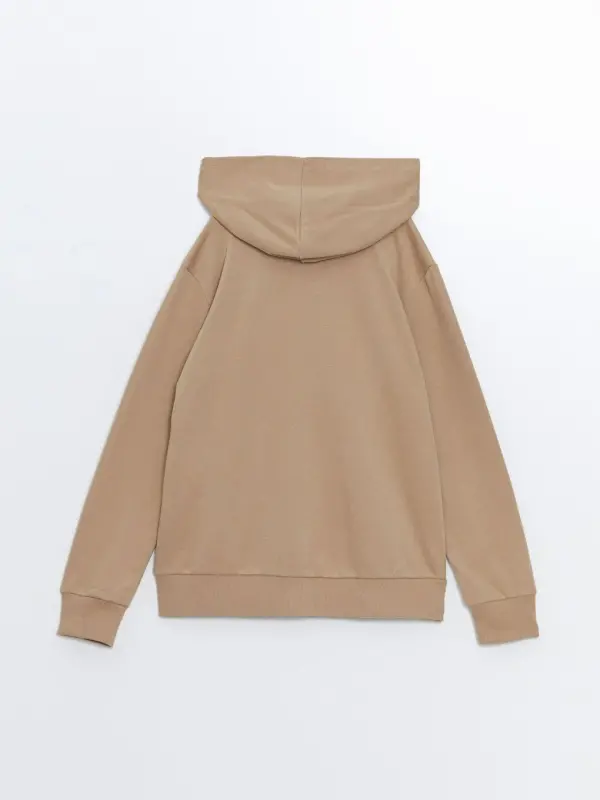 Hooded Basic Long Sleeve Girl's Zippered Sweatshirt-Beige - 3