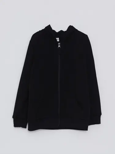 Hooded Basic Long Sleeve Girl's Zippered Sweatshirt-Black - 1