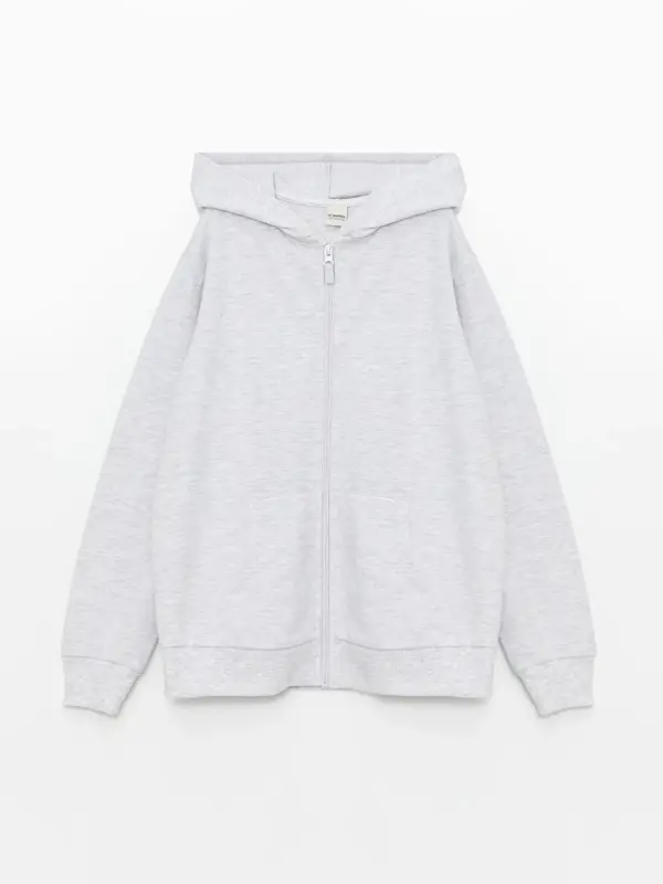 Hooded Basic Long Sleeve Girl's Zippered Sweatshirt-Gray - 1