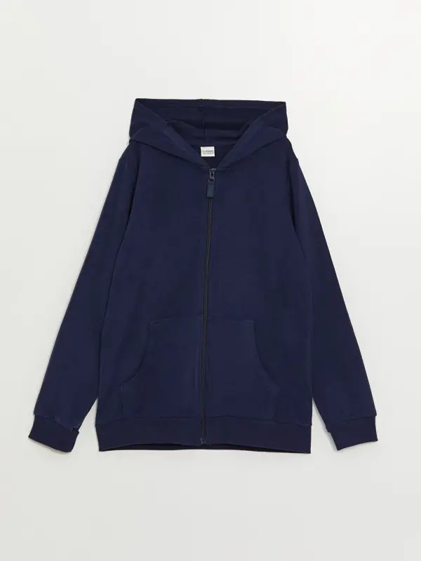 Hooded Basic Long Sleeve Girls Zippered Sweatshirt-Navy Blue - 1