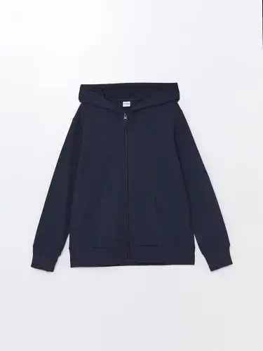Hooded Basic Long Sleeve Girls Zippered Sweatshirt-Navy Blue 