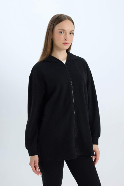 Hooded Basic Plain Zippered Pocket Selanik Fabric Long Knitted Cardigan Black - 3