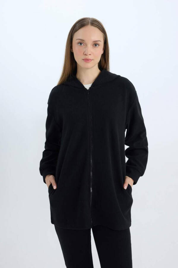 Hooded Basic Plain Zippered Pocket Selanik Fabric Long Knitted Cardigan Black - 4