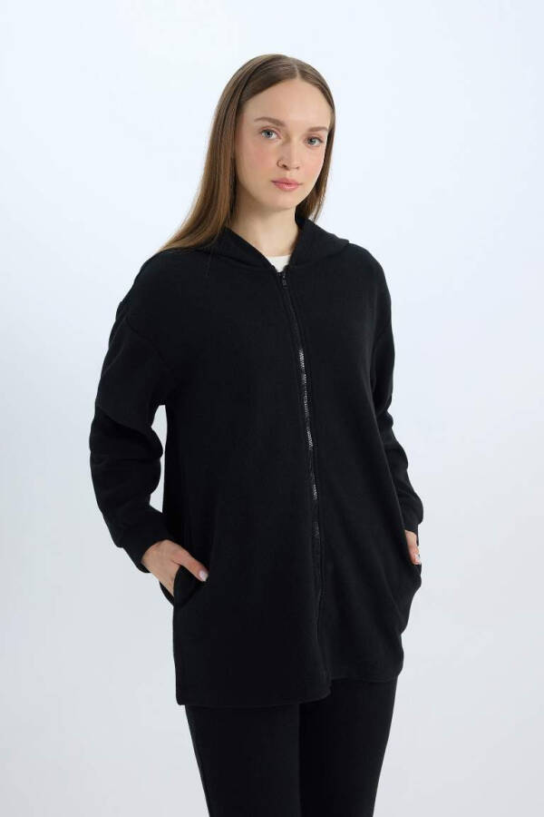 Hooded Basic Plain Zippered Pocket Selanik Fabric Long Knitted Cardigan Black - 5