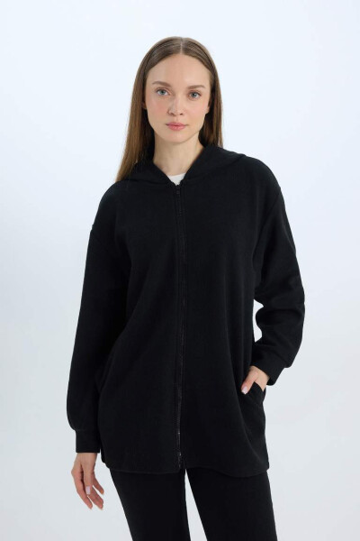 Hooded Basic Plain Zippered Pocket Selanik Fabric Long Knitted Cardigan Black - 6