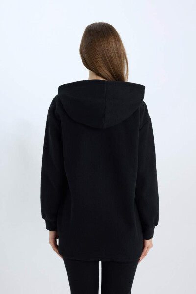 Hooded Basic Plain Zippered Pocket Selanik Fabric Long Knitted Cardigan Black - 8