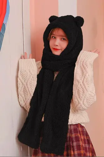 Hooded Black Plush Beret Scarf Women's Welsoft Fleece Neck Warmer Shawl Windproof Earmuff Hat-Black 