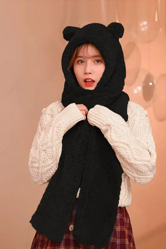 Hooded Black Plush Beret Scarf Women's Welsoft Fleece Neck Warmer Shawl Windproof Earmuff Hat-Black - 3