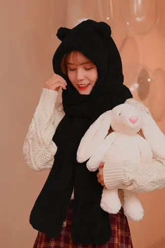 Hooded Black Plush Beret Scarf Women's Welsoft Fleece Neck Warmer Shawl Windproof Earmuff Hat-Black - 4
