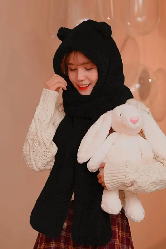Hooded Black Plush Beret Scarf Women's Welsoft Fleece Neck Warmer Shawl Windproof Earmuff Hat-Black - 4
