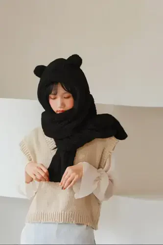 Hooded Black Plush Beret Scarf Women's Welsoft Fleece Neck Warmer Shawl Windproof Earmuff Hat-Black - BUNDEBA (1)