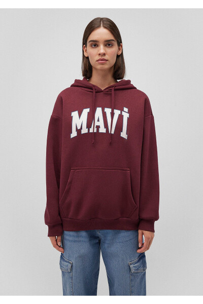 Hooded Burgundy Sweatshirt with Logo Print 1600361-85493 - 3