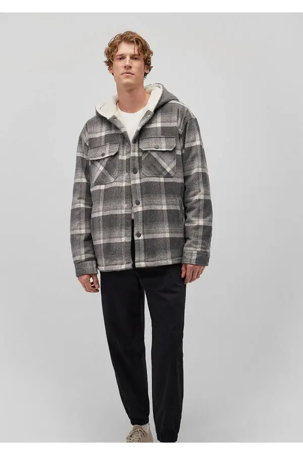 Hooded, checkered, oversized shirt jacket. - 1