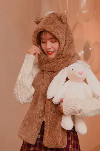 Hooded Coffee Plush Beanie Scarf Women's Welsoft Fleece Neck Warmer Shawl Windproof Earflap Hat-Coffee - 1