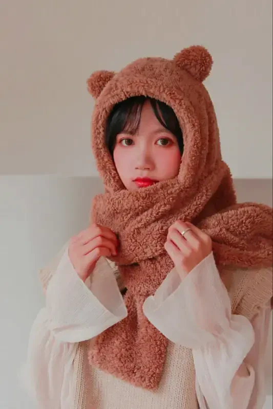 Hooded Coffee Plush Beanie Scarf Women's Welsoft Fleece Neck Warmer Shawl Windproof Earflap Hat-Coffee - 5