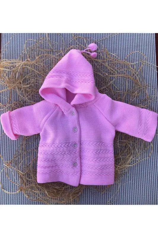 Hooded Double-Layer Knit Baby Cardigan - Pink-Plain - TINITINS