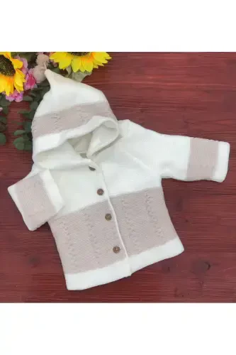 Hooded Double Layered Knitted Girl - Boy Baby Cardigan-ecru - 1