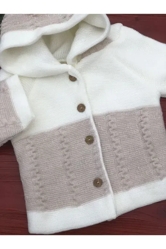 Hooded Double Layered Knitted Girl - Boy Baby Cardigan-ecru - 2