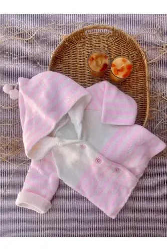 Hooded Double Layered Knitted Girl - Boy Baby Cardigan-pink - 1
