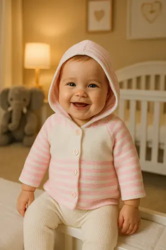 Hooded Double Layered Knitted Girl - Boy Baby Cardigan-pink 