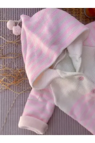 Hooded Double Layered Knitted Girl - Boy Baby Cardigan-pink - 3