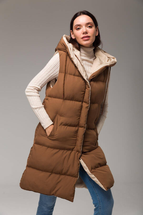 Hooded Double-Sided Puffer Vest Taba-taş 8191 - 1
