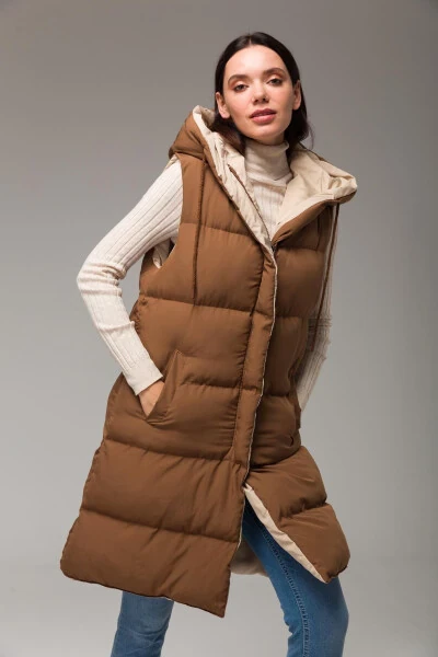 Hooded Double-Sided Puffer Vest Taba-taş 8191 - Modazone