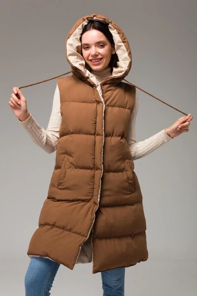 Hooded Double-Sided Puffer Vest Taba-taş 8191 - Modazone (1)