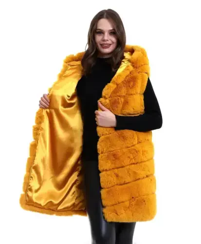 Hooded Faux Fur Vest Premium Quality, Full Lined, Long Style - Yellow - 3