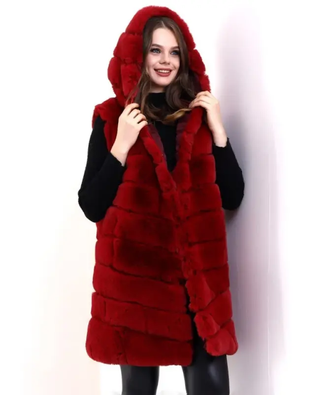 Hooded Faux Fur Vest Premium Quality, Fully Lined, Long Style - Red - BÜYÜKBEDENIZ