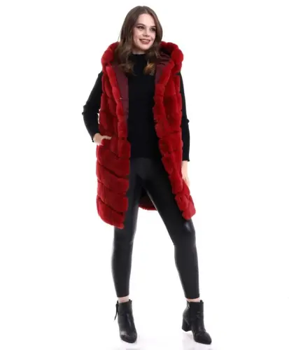 Hooded Faux Fur Vest Premium Quality, Fully Lined, Long Style - Red - BÜYÜKBEDENIZ (1)