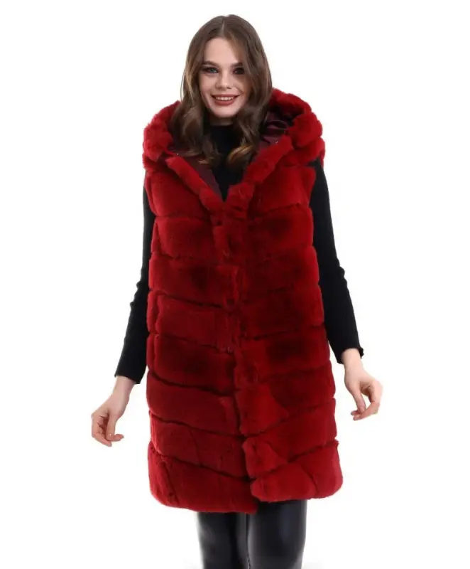 Hooded Faux Fur Vest Premium Quality, Fully Lined, Long Style - Red - 4