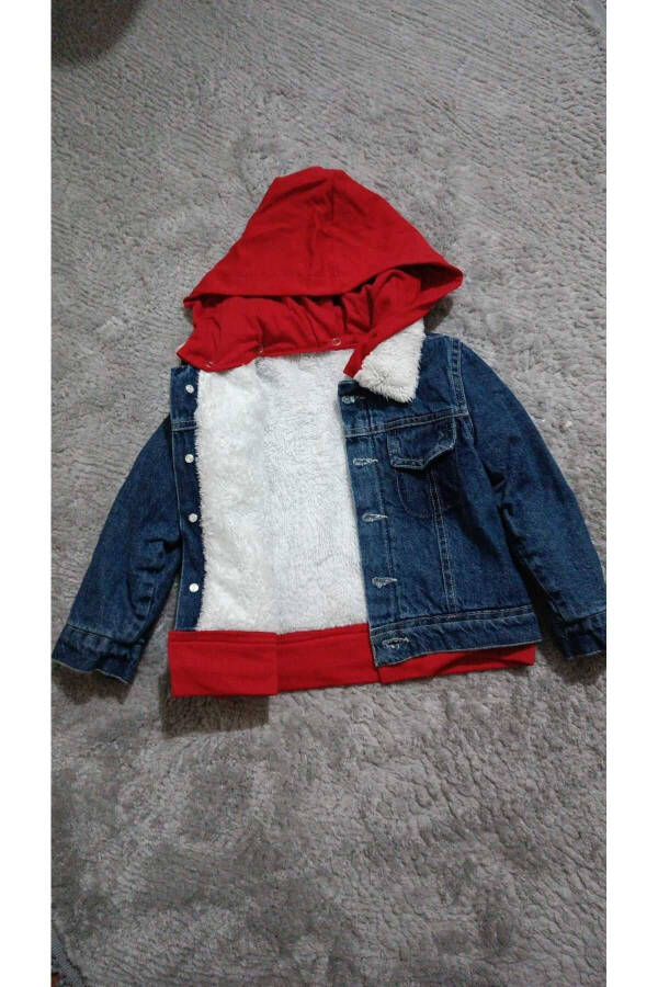 Hooded Fur Lined Basic Children's Denim Jacket - 1