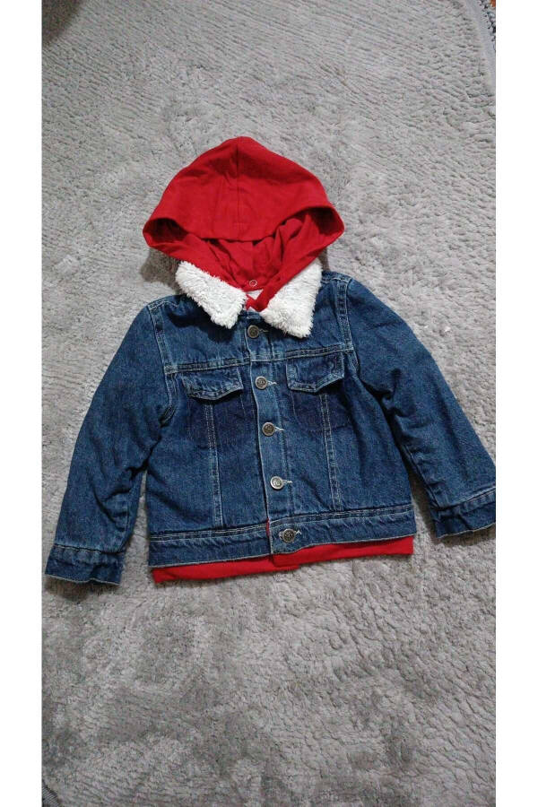 Hooded Fur Lined Basic Children's Denim Jacket - 3