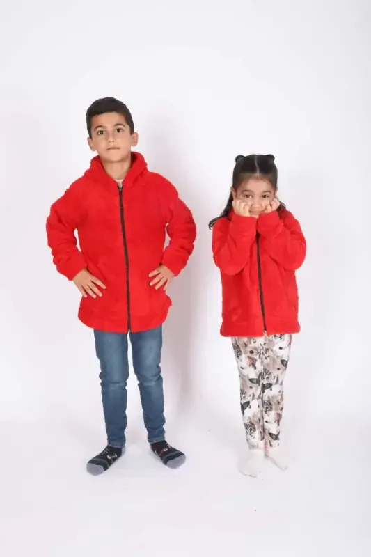 Hooded Girl-Boy Children's Jacket-Red - 1