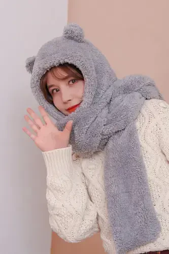 Hooded Grey Plush Beanie Scarf Women's Welsoft Fleece Scarf Neck Warmer Shawl Windproof Earmuff Hat-Grey - 3